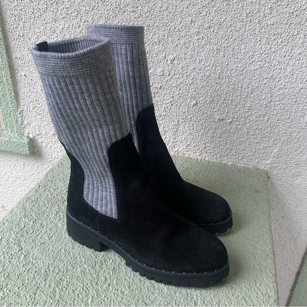 Freda Salvador Mid Calf Knit Black Suede Lug Sole Boots